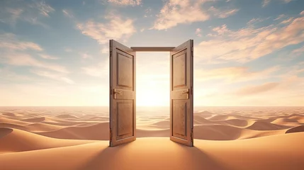 Fotobehang The opened door on the desert. Unknown and start up concept. © MdDin
