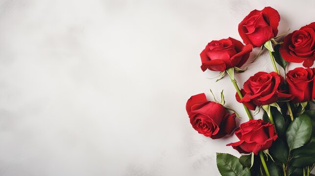  a bunch of red roses on a white background with space for text.  generative ai