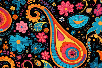 Paisley prints quirky doodle pattern, wallpaper, background, cartoon, vector, whimsical Illustration