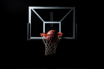 Isolated basketball hoop and ball on black background. Generative AI