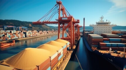 Transportation of food grains by boat, Port logistics, Grain deal concept. - obrazy, fototapety, plakaty