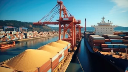 Deurstickers Transportation of food grains by boat, Port logistics, Grain deal concept. © visoot