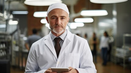 Fototapeta na wymiar Technologist man wearing lab coat working in workshop of pharmaceutical factory.