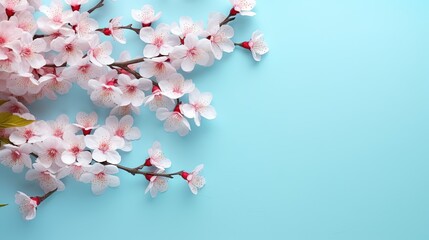Obraz na płótnie Canvas a branch of a cherry tree with pink flowers on a blue background. generative ai