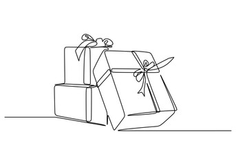 Gift boxes continuous one line drawing. Present box with ribbon and bow outline. Simple line art object