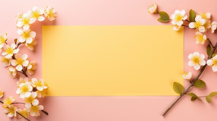  a yellow paper surrounded by white flowers on a pink background.  generative ai