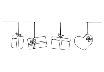 Hanging gift boxes. Continuous one line art drawing