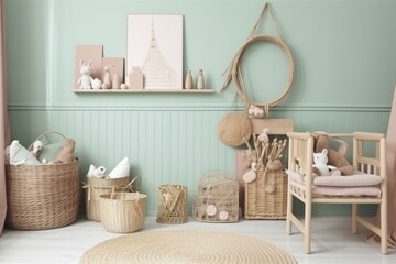Poster in children's room with pastel color scheme and wicker and wooden toys. Generative AI