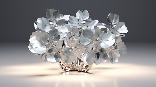  a glass vase filled with silver flowers on a white table.  generative ai
