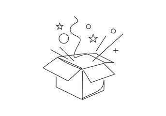 Gift box continuous one line drawing. Open box with confetti
