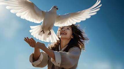 Dove pigeon flying out from two hands of girl. Freedom making merit concept. Nature animal people hope pray holy faith. International Day of Peace theme. Generative AI.