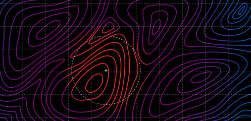 Topographic map texture. Blue radar. Abstract linear background. Vector print of waves. Red lines on black background.