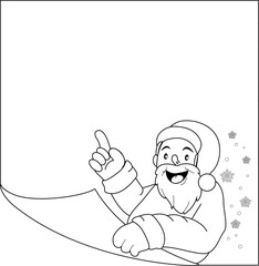 Santa Claus holding a blank page of paper. Vector black and white coloring page.