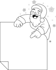 Santa Claus holding a blank sign. Vector black and white coloring page.