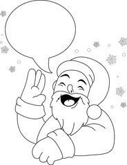 Santa Claus with speech bubble talking. Vector black and white coloring page.