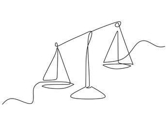 Law balance scale continuous one line drawing - obrazy, fototapety, plakaty