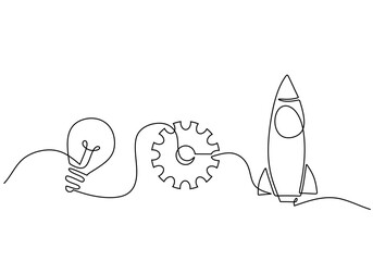 Strategy creative continuous line drawing. Light bulb, gear, and rocket objects. Symbol of business startup - obrazy, fototapety, plakaty