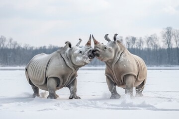 Fototapeta premium Two Rhinoceros getting ready for fight on Ice.