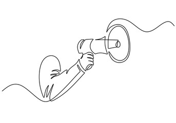 Megaphone continuous line drawing. Hand holding speaker horn. One single contour art