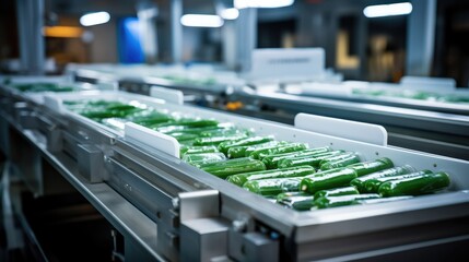 Cucumber, Products Cucumber for automatic packaging. Concept with automated food production. - obrazy, fototapety, plakaty