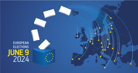 European elections June 9, 2024. Voting Day 2024 Elections in EU. EU Elections 2024. EU stars with European flag, map, ballot box and ballots on blue background - obrazy, fototapety, plakaty