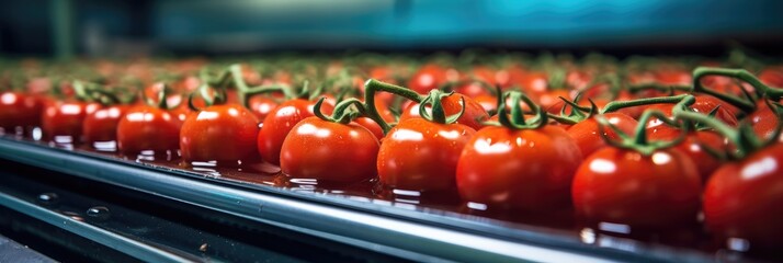 Tomatoes, Production of tomatoes on conveyor belt in factory, Concept with automated food production. - obrazy, fototapety, plakaty