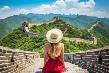 Tuinposter Chinese Muur Woman traveler hiking great wall enjoying her summer vacation Great Wall of china