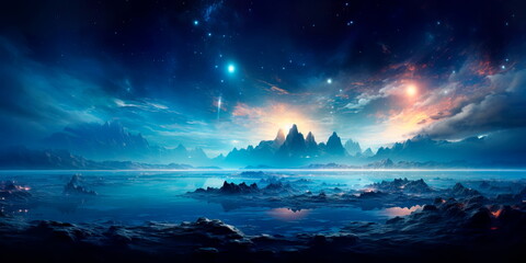 ocean filled with stars and planets, where constellations mirror the patterns in the waves.