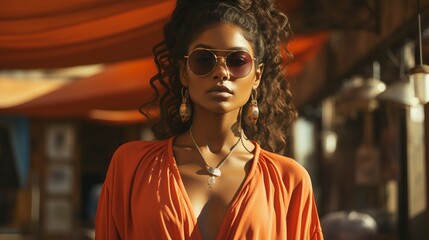 African Woman in an Orange Top and White Shorts