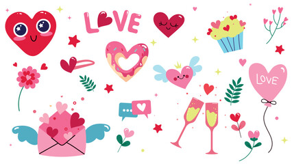 Cute set of  isolated love stickers for Valentines day. Vector illustrations for valentines day, stickers, greeting cards