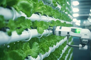 Automatic Agricultural Technology With Close-up View Of Robotic Arm Harvesting Lettuce In Vertical Hydroponic Plant.