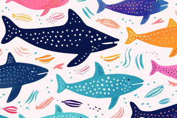 Whale shark quirky doodle pattern, wallpaper, background, cartoon, vector, whimsical Illustration