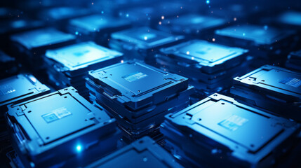 A bank of hard drives sits in the corner, their blinking blue lights illuminating the room