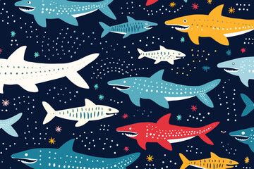 Whale shark quirky doodle pattern, wallpaper, background, cartoon, vector, whimsical Illustration