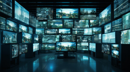 A bank of flickering monitors displays a variety of data, their images constantly shifting and changing