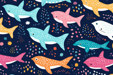Whale shark quirky doodle pattern, wallpaper, background, cartoon, vector, whimsical Illustration