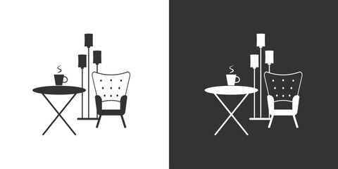 Interior with armchair, coffee table and floor lamp. Black and white vector flat icon.