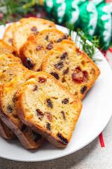 fruit cake sweet dessert pastry dried fruits cherrie, dried apricot, prune, raisin Christmas sweet dessert holiday treat new year and christmas meal food snack on the table copy space food background