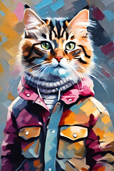 Gato malhado vestindo roupas de inverno, casaco e cachecol. gatinho fofo rajado com roupa de frio.