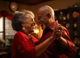 Elderly African American couple slow dancing in their living room.  Closeup with focus on their smiling faces.   - obrazy, fototapety, plakaty