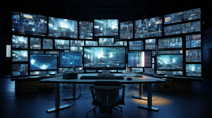 A bank of monitors displays a variety of data, their images constantly shifting and changing
