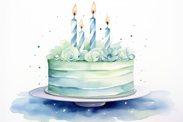 Blue and Green Watercolor Birthday Cake with Flowers and Candles