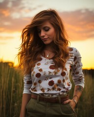 Woman in Denim Shorts Standing in a Sunflower Field