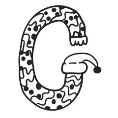 scarf letter in doodle style. Children's New Year's alphabet stylized. template for print, sticker, coloring, header, article, children's book, toy, decoration. English alphabet made from scarves and 