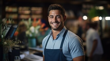 Fototapeta premium Cheerful barista enjoying the buzz in a lively cafe and retail shop