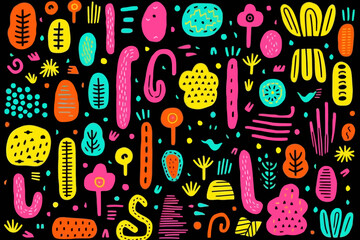 Neon colors quirky doodle pattern, wallpaper, background, cartoon, vector, whimsical Illustration