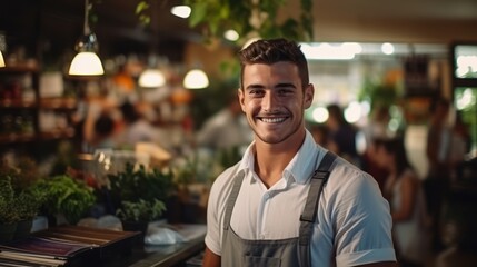 Fototapeta premium Cheerful barista enjoying the buzz in a lively cafe and retail shop