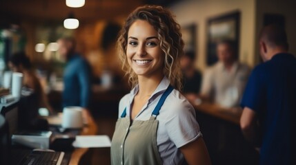 Confident waitress ready for service in a busy restaurant and retail shop - obrazy, fototapety, plakaty