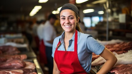 Fototapeta premium Smiling butcher showcasing fresh meat cuts at the counter