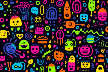 Neon colors quirky doodle pattern, wallpaper, background, cartoon, vector, whimsical Illustration